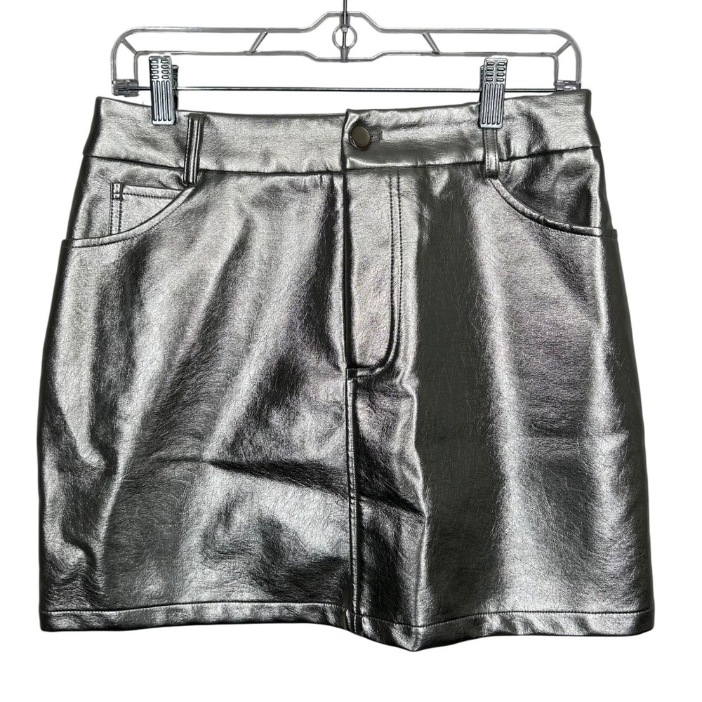 7 For All Mankind Shiny Silver Mini Skirt 5 Pocket Women's‎ Size Medium NWT